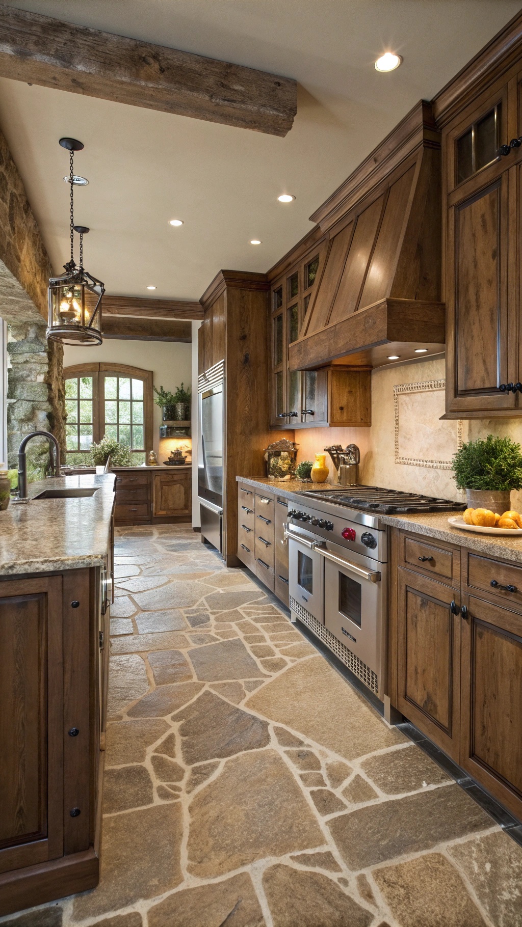 Farmhouse Kitchen Flooring: Rustic Charm Meets Modern Durability A farmhouse kitchen featuring natural stone flooring, wooden cabinets, and modern appliances.