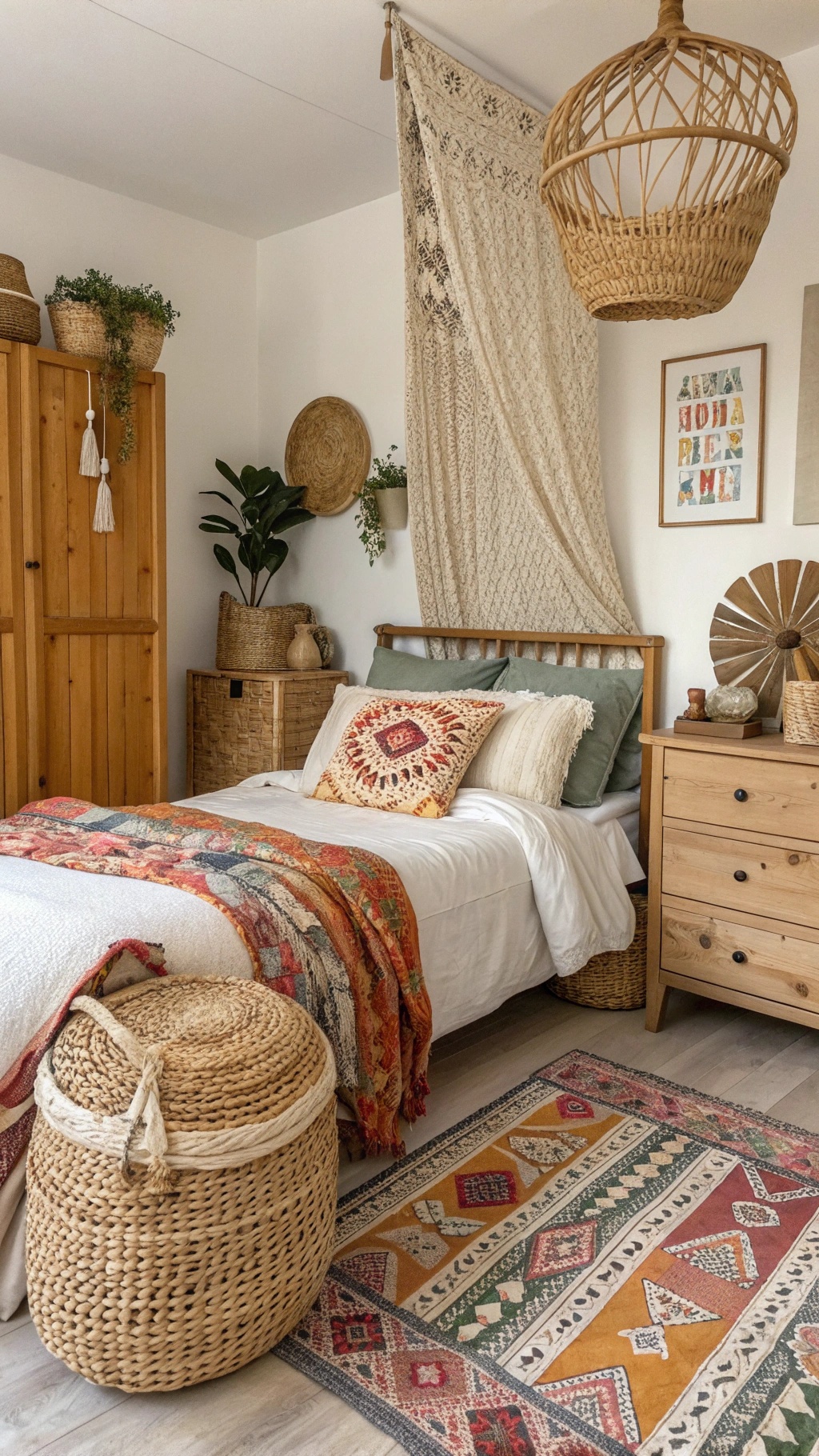 Create Your Dream Green Boho Bedroom: A Sanctuary of Style and Serenity A cozy green boho bedroom featuring natural textures, wooden furniture, woven baskets, and colorful textiles.