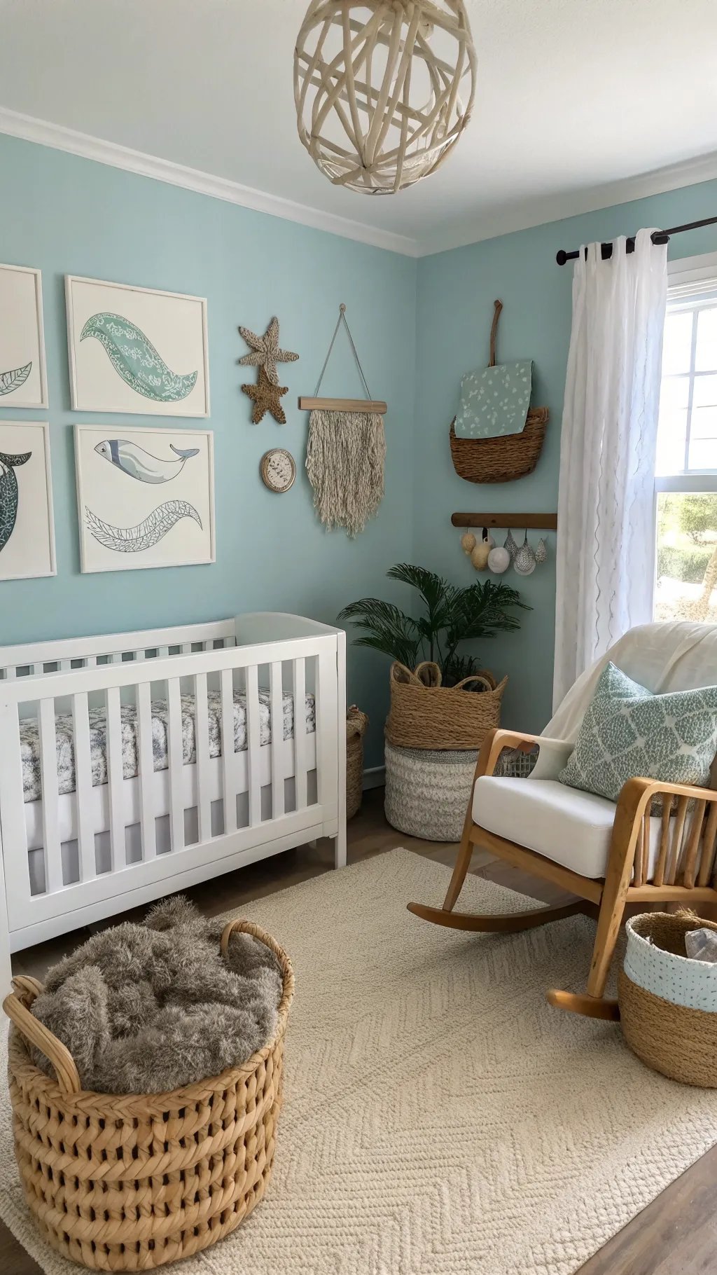 A serene ocean-themed nursery with pale blue walls, nautical artwork, and natural textures.