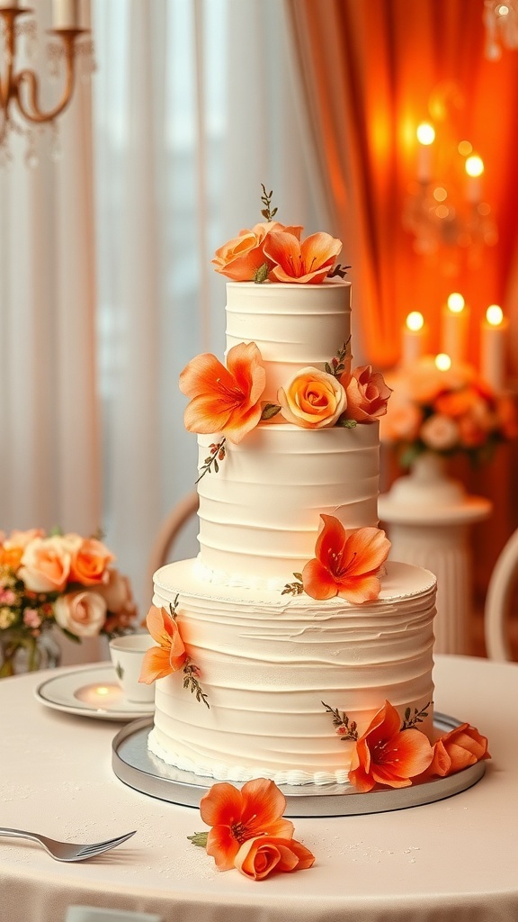 Three-tiered wedding cake decorated with orange flowers on a table
