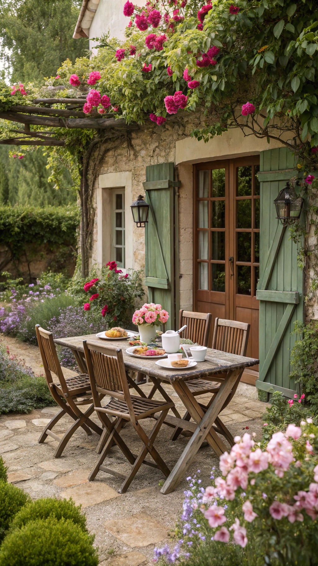 Creating Your Dream French Cottage Garden: A Romantic European Escape Outdoor dining space in a French Cottage Garden with a wooden table, chairs, and vibrant flowers.