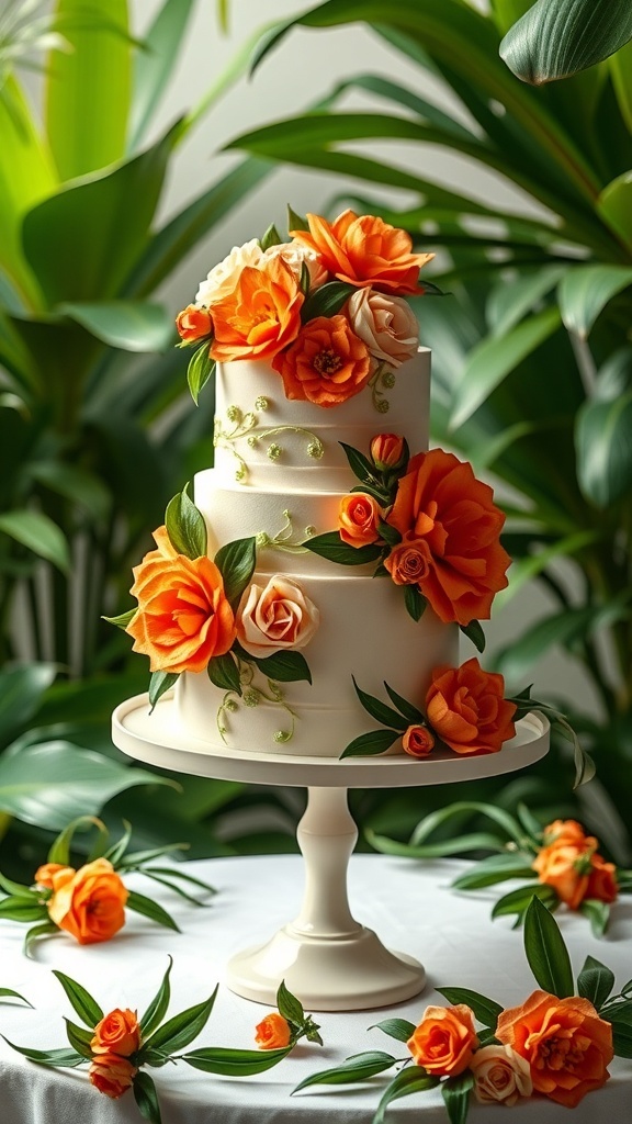 A three-tier wedding cake decorated with orange and peach flowers, surrounded by green leaves.