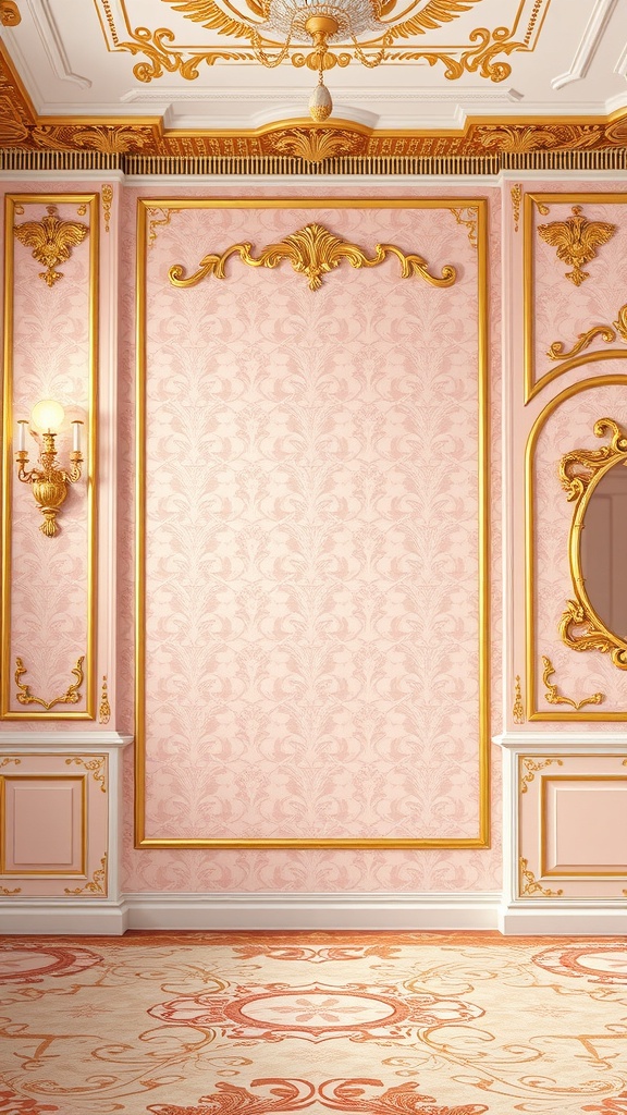 A beautifully decorated room featuring light pink wallpaper with gold accents, showcasing elegance and style.