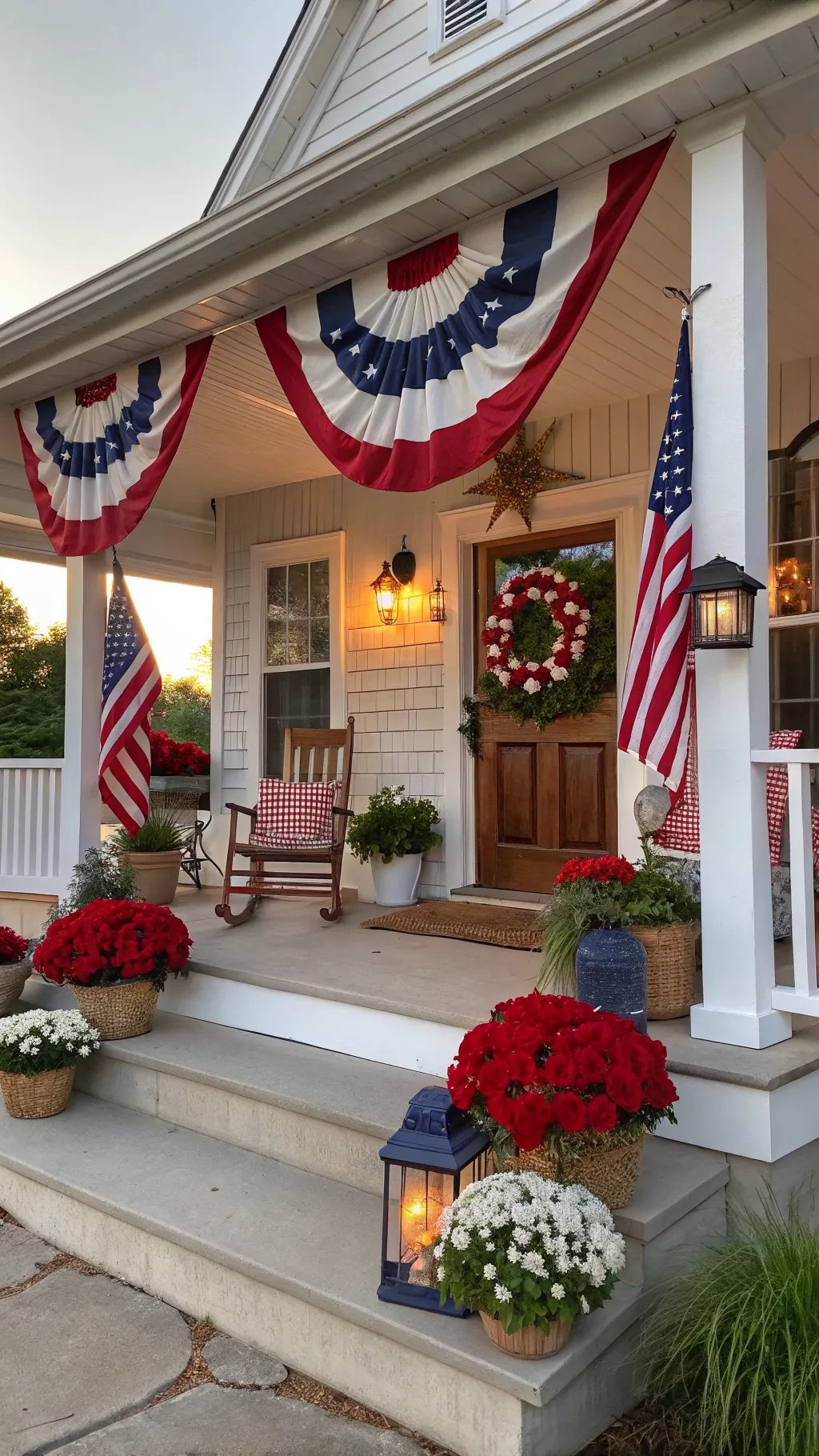 A beautifully decorated patriotic front porch with bunting flags, American flags, and colorful flowers.