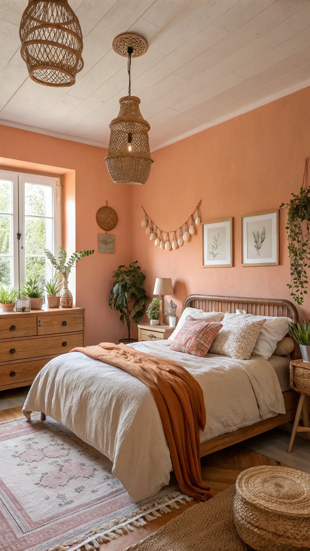 A beautifully designed peach bedroom featuring soft peach walls, cozy bedding, natural wood furniture, and lush plants.