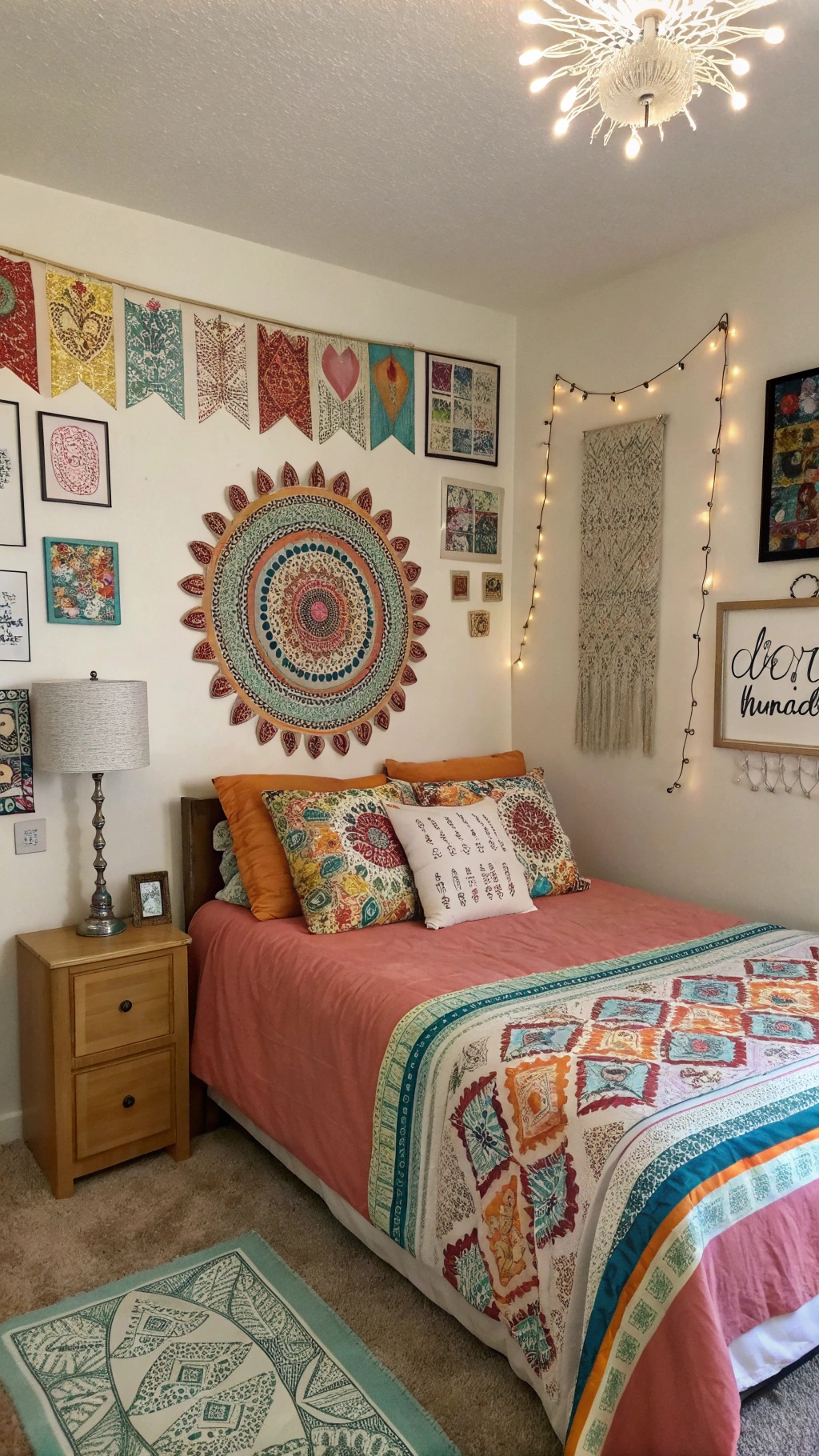 Create Your Dream Green Boho Bedroom: A Sanctuary of Style and Serenity A cozy Green Boho Bedroom featuring a colorful artwork display on the walls, including a mandala centerpiece and fairy lights.