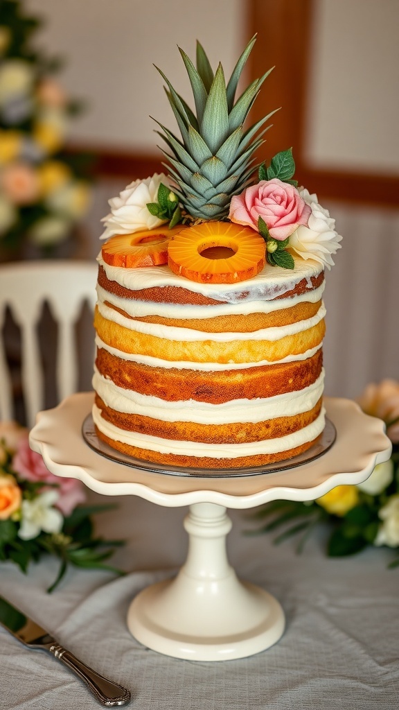 A beautifully decorated Pineapple Upside-Down Wedding Cake with fresh pineapple and roses.
