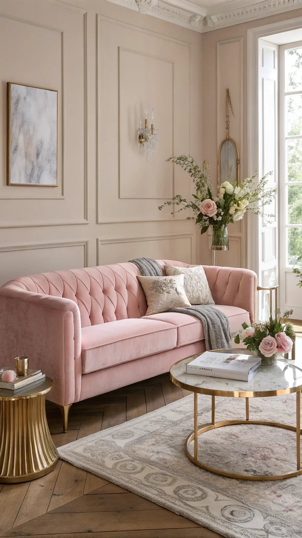 A chic pink living room featuring a soft pink sofa, golden side table, and floral decoration.