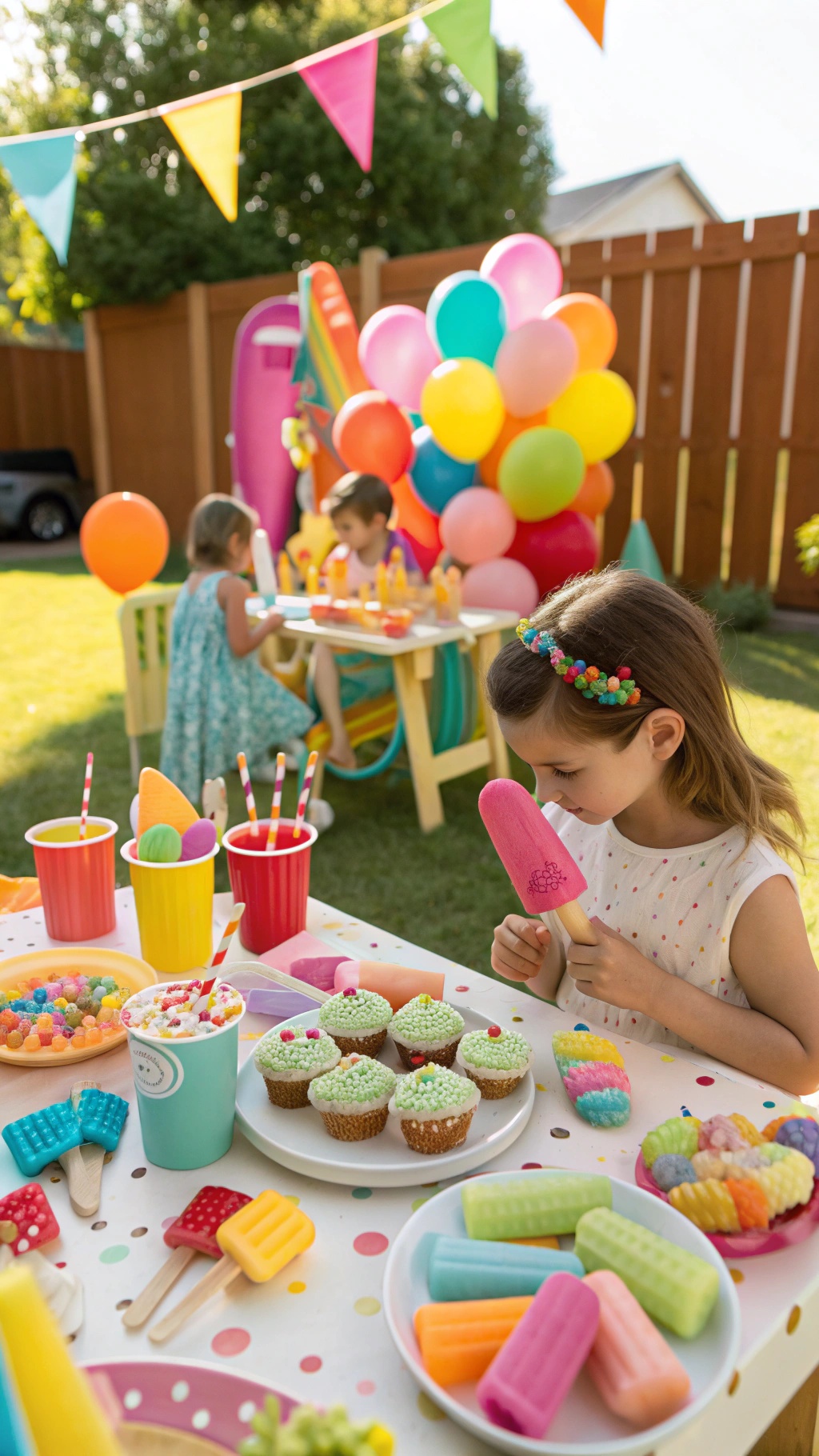 A vibrant popsicle birthday party setup with colorful decorations, treats, and children enjoying their time. Creative Birthday Party Ideas