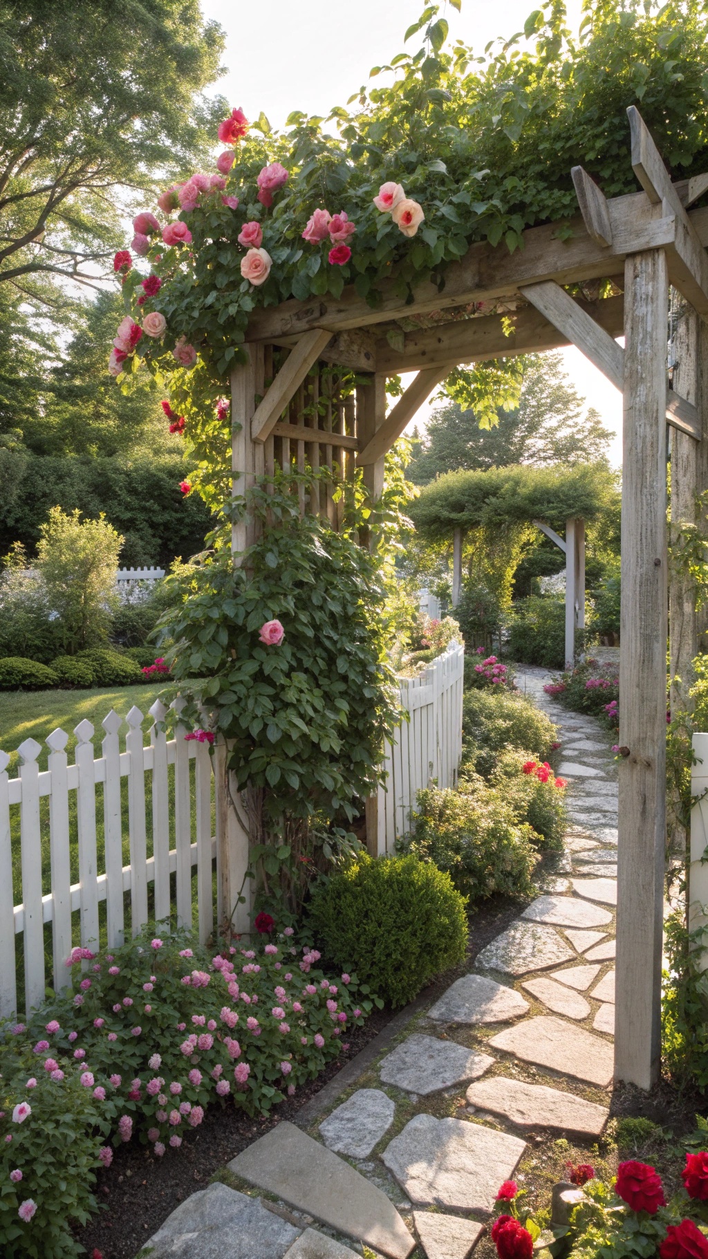 Creating Your Dream French Cottage Garden: A Romantic European Escape A charming garden path with wooden trellises covered in climbing roses, leading through a flower-filled landscape.