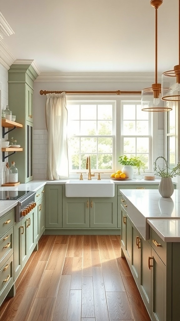 Bright kitchen featuring sage green cabinets, warm wood flooring, and natural light.
