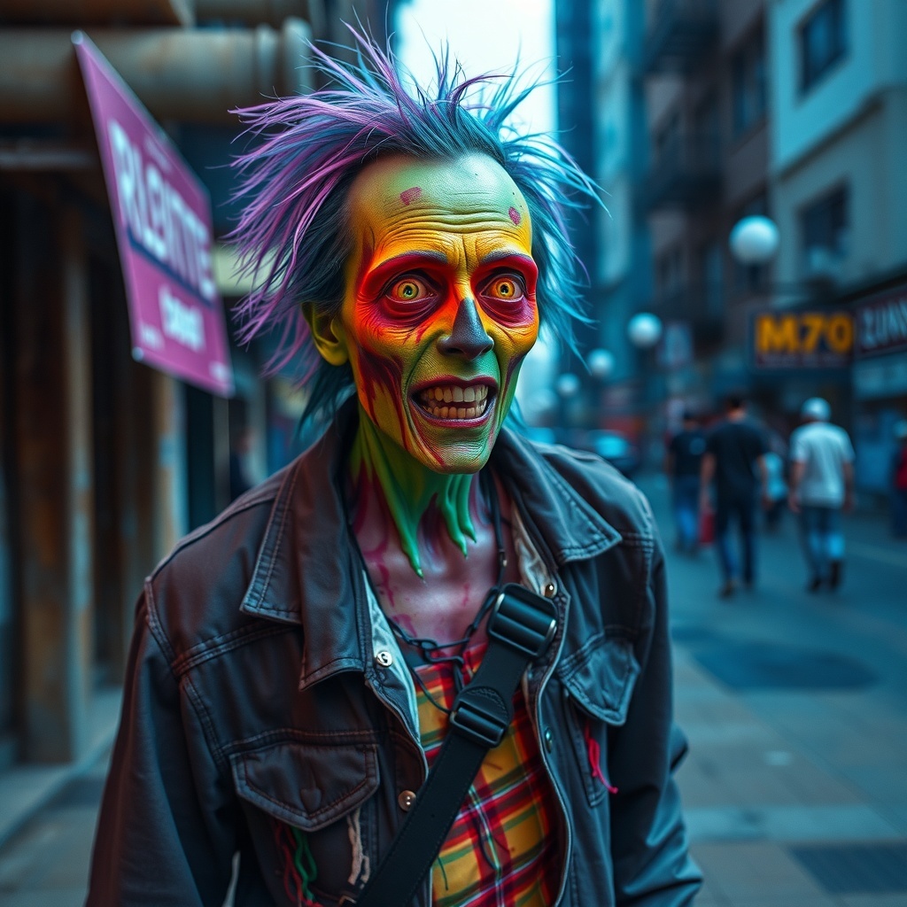 50 Spooktacular Halloween Costumes for Every Theme and Style A person dressed as a retro 80s zombie with colorful makeup and a denim jacket.