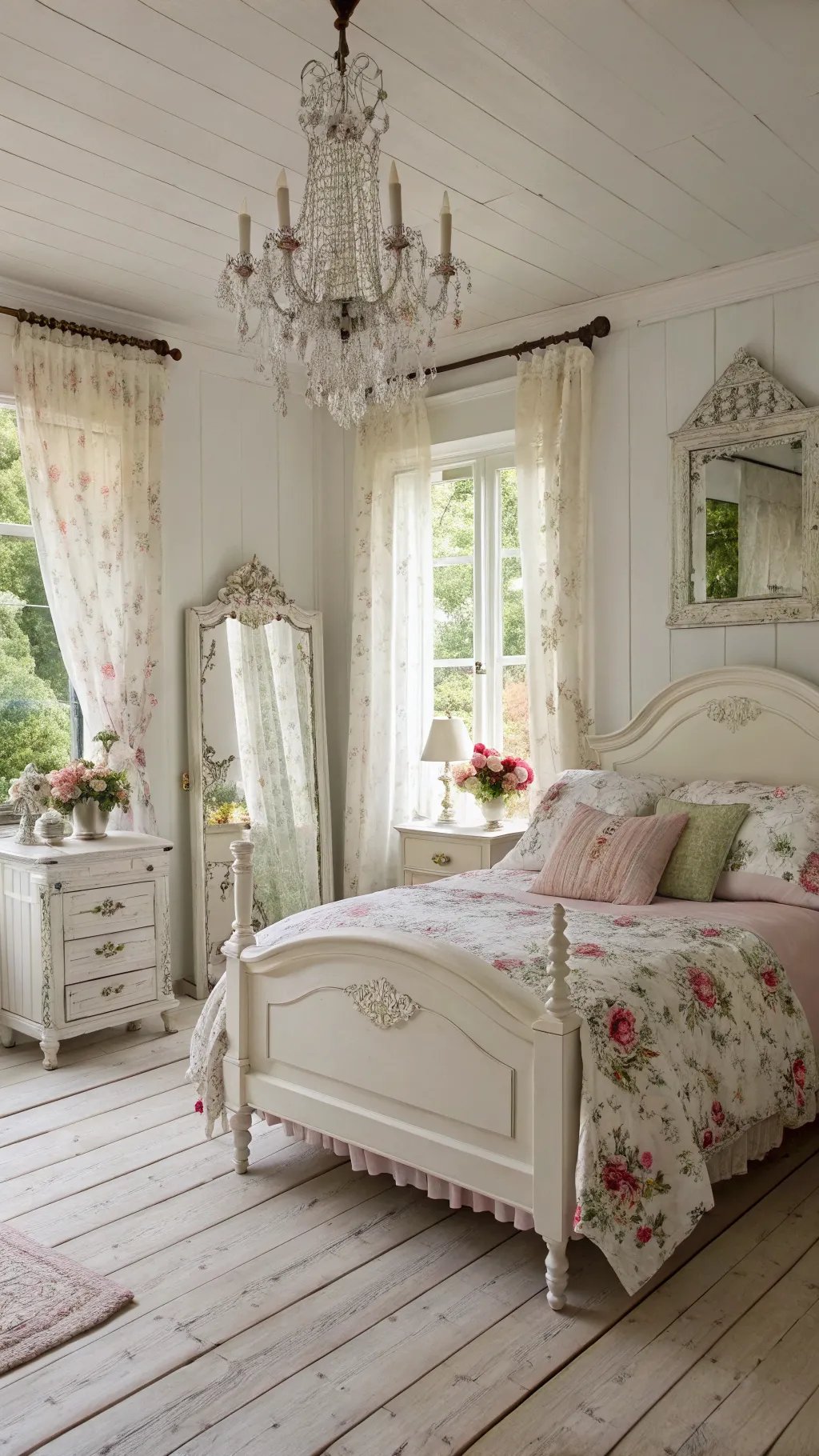 A romantic shabby chic bedroom featuring floral bedding, a vintage chandelier, and soft curtains.