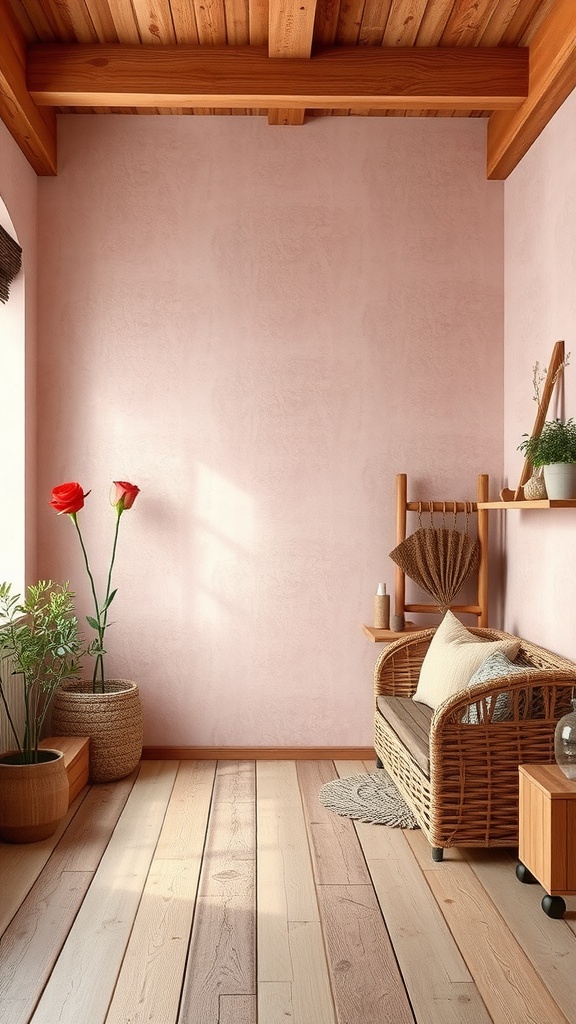 Cozy room with light pink wallpaper, wooden beams, rattan furniture, and plants.