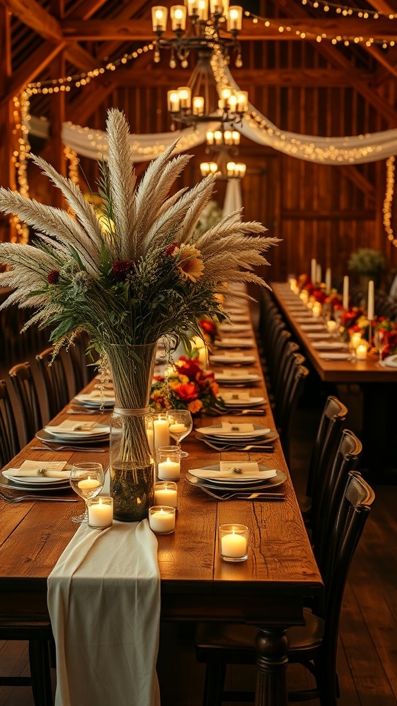 Rustic fall wedding tablescape featuring pampas grass centerpieces, candles, and a warm ambiance.