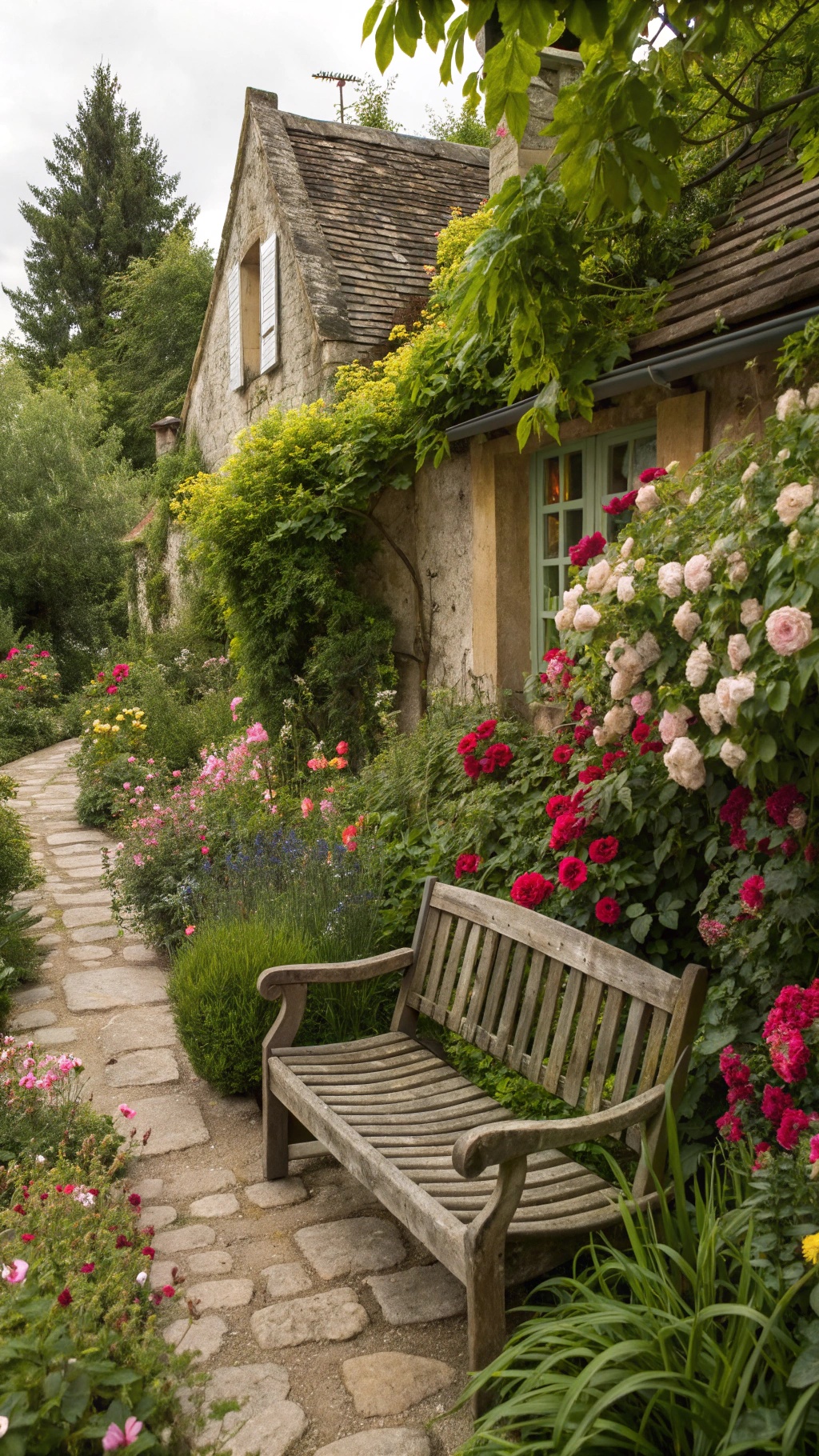 Creating Your Dream French Cottage Garden: A Romantic European Escape A rustic wooden bench in a lush garden filled with colorful flowers and a stone path.
