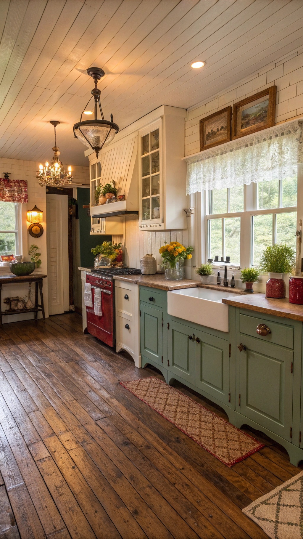 Farmhouse Kitchen Flooring: Rustic Charm Meets Modern Durability A rustic farmhouse kitchen with hardwood flooring, featuring a red stove, green cabinets, and natural light from windows.