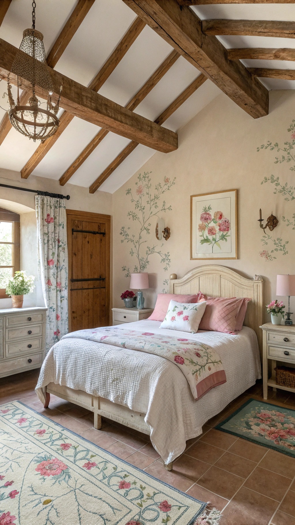 How to Create Your Dream French Country Bedroom A cozy French Country Bedroom featuring rustic wooden beams, soft pastel colors, floral patterns, and vintage decor.