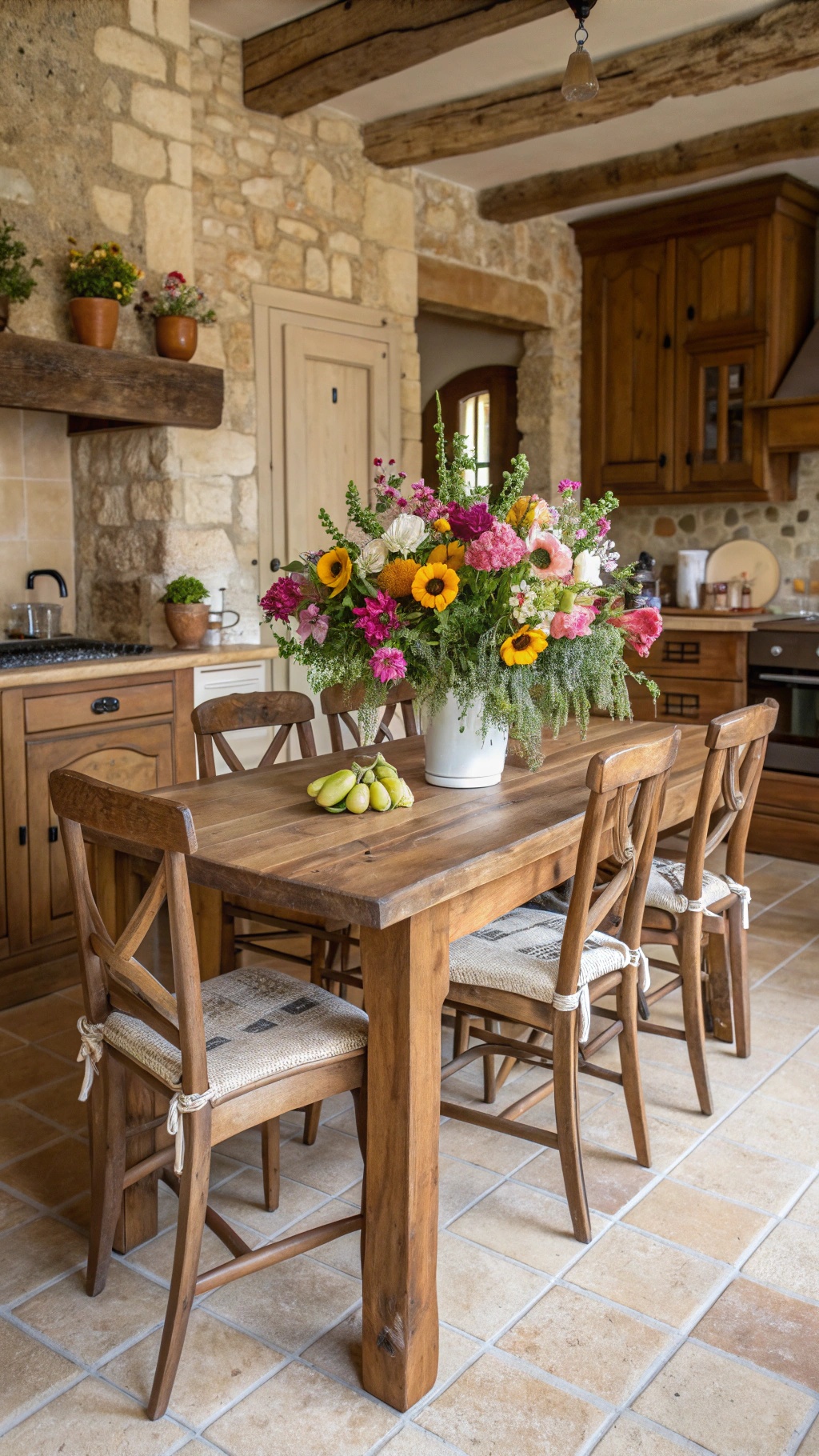 Creating Your Dream French Cottage Kitchen: A Comprehensive Guide A rustic wooden table and chairs in a French Cottage Kitchen, adorned with a colorful flower arrangement and fresh fruits.