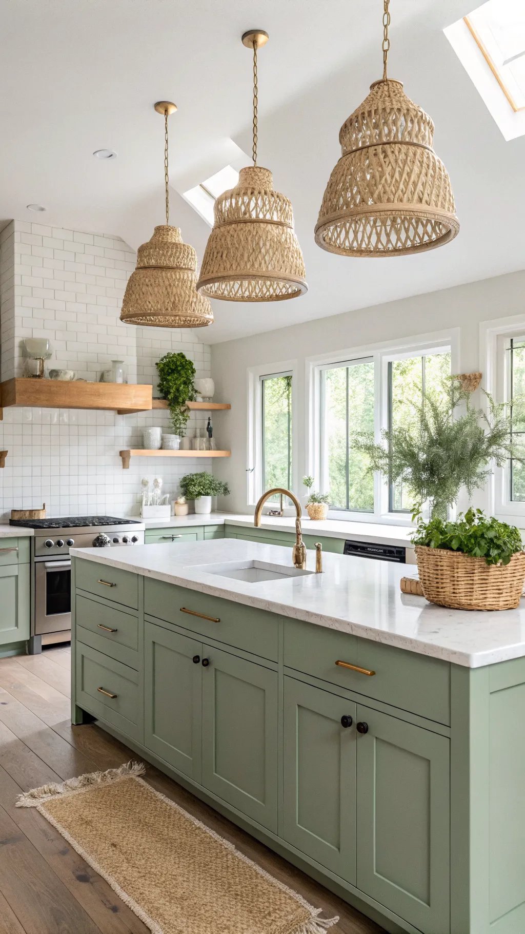 A stylish kitchen featuring sage green cabinets and natural wooden elements.