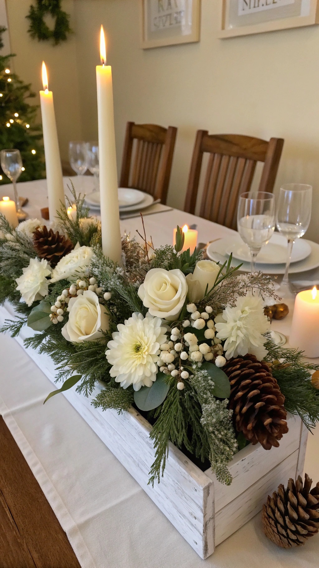 Winter Decor Ideas for the Home That'll Make Your Home Feel Like a Cozy Snow Globe A winter centerpiece featuring white flowers, pinecones, and candles in a wooden box.