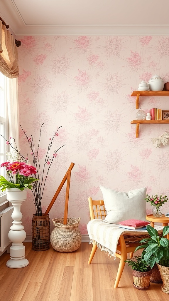 A cozy room with light pink floral wallpaper, wooden furniture, and vibrant plants.