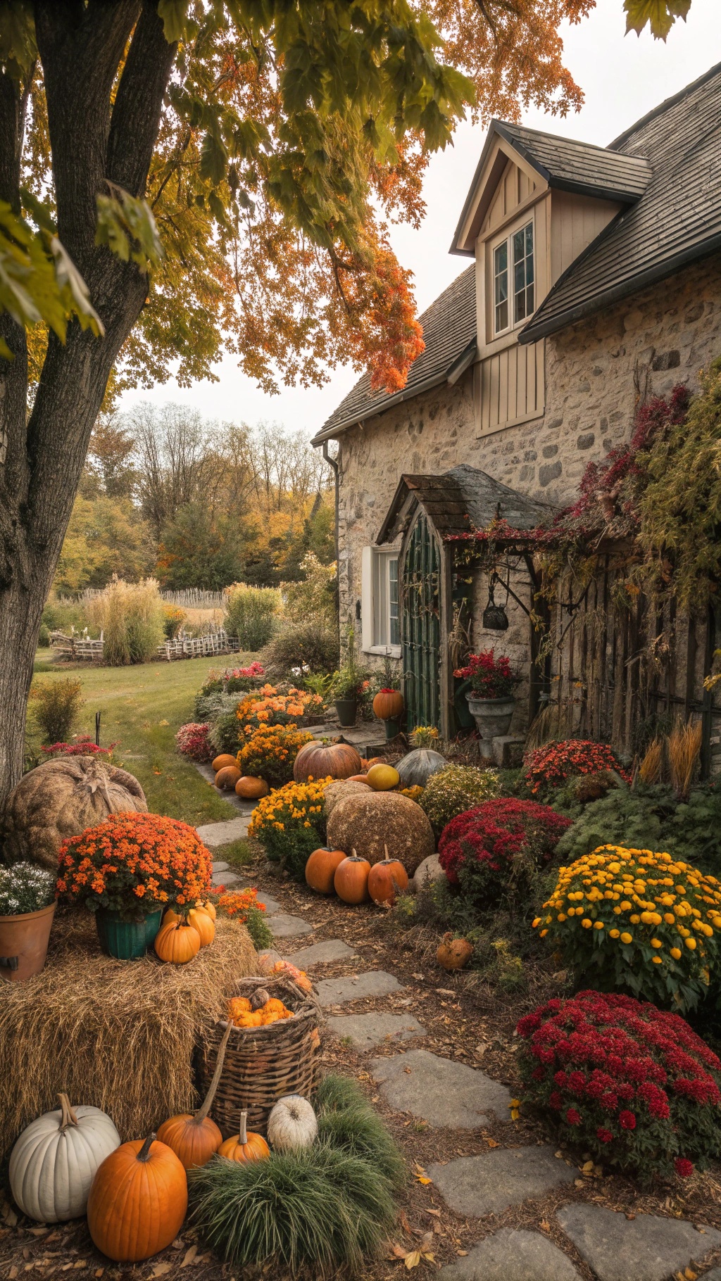 Creating Your Dream French Cottage Garden: A Romantic European Escape A picturesque French Cottage Garden in autumn with pumpkins, colorful flowers, and rustic decorations.