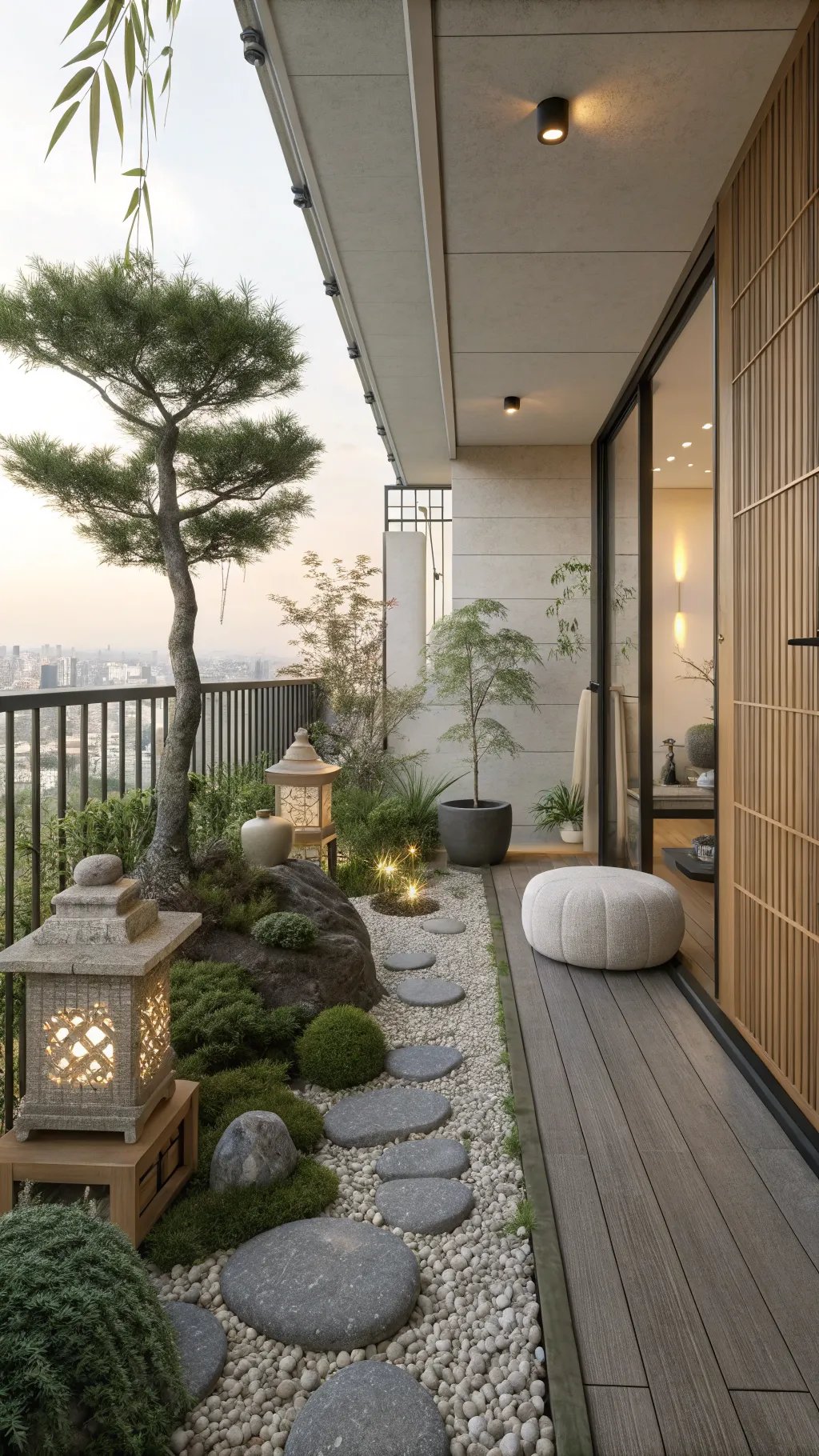 A beautiful Japanese-style balcony garden showcasing stones, greenery, and lanterns.
