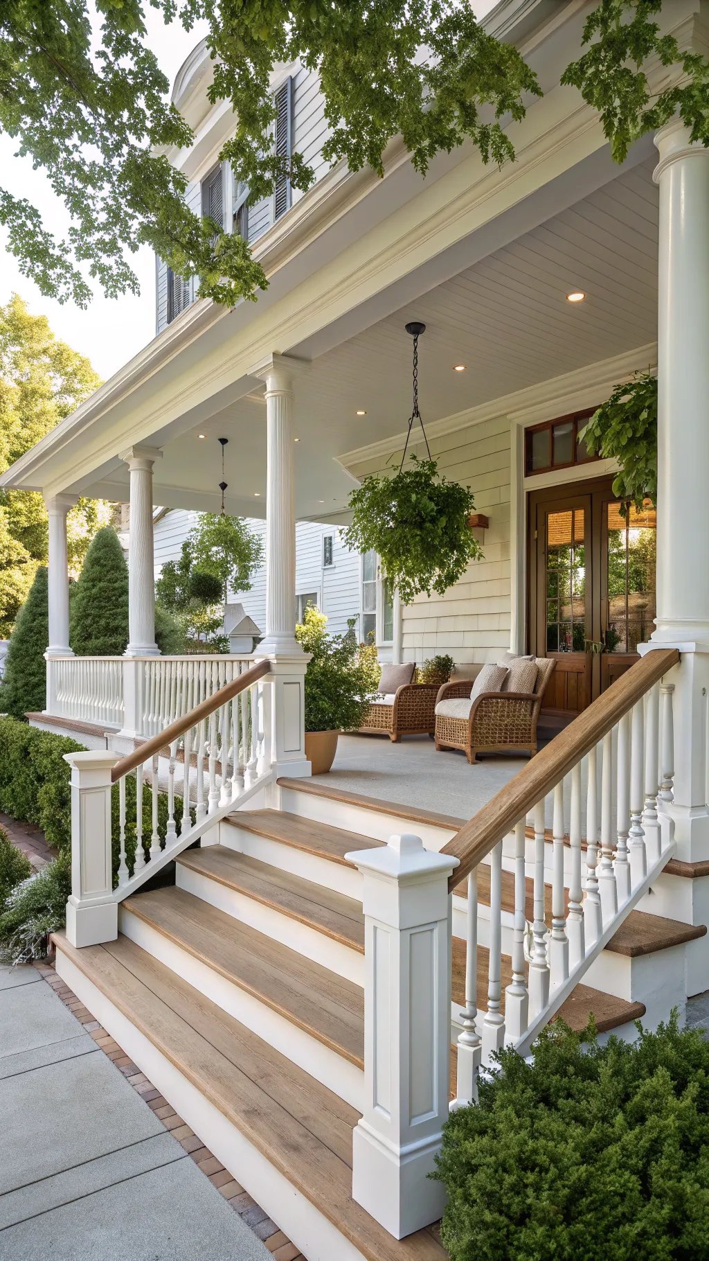 Beautiful porch featuring elegant white railings and wooden steps