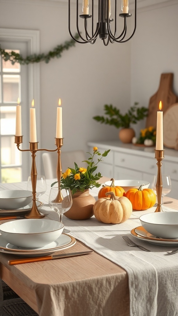 Fall table decor featuring pumpkins and candles