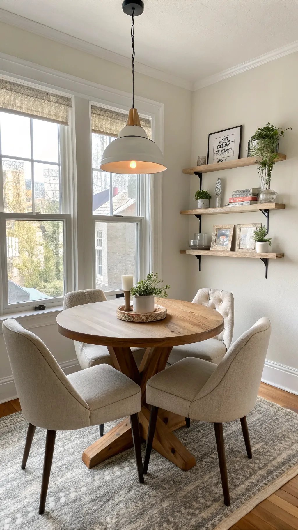 A cozy small apartment dining area with a round wooden table, upholstered chairs, and shelves.