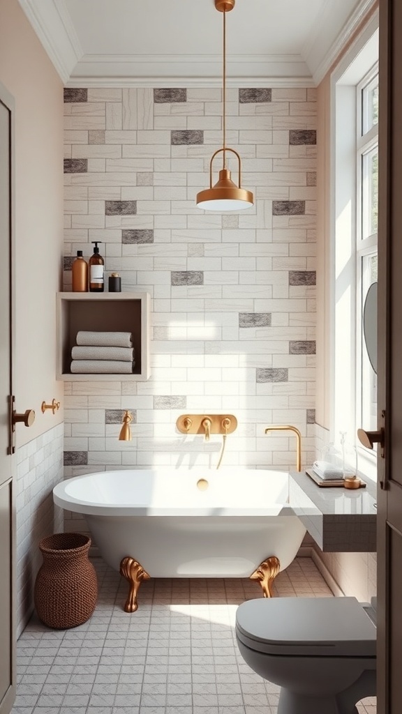 A beautifully designed small bathroom featuring a modern tub and warm decor.