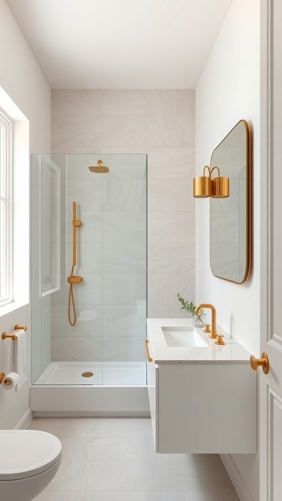 A modern, bright bathroom with a glass shower, gold fixtures, and a sleek vanity.