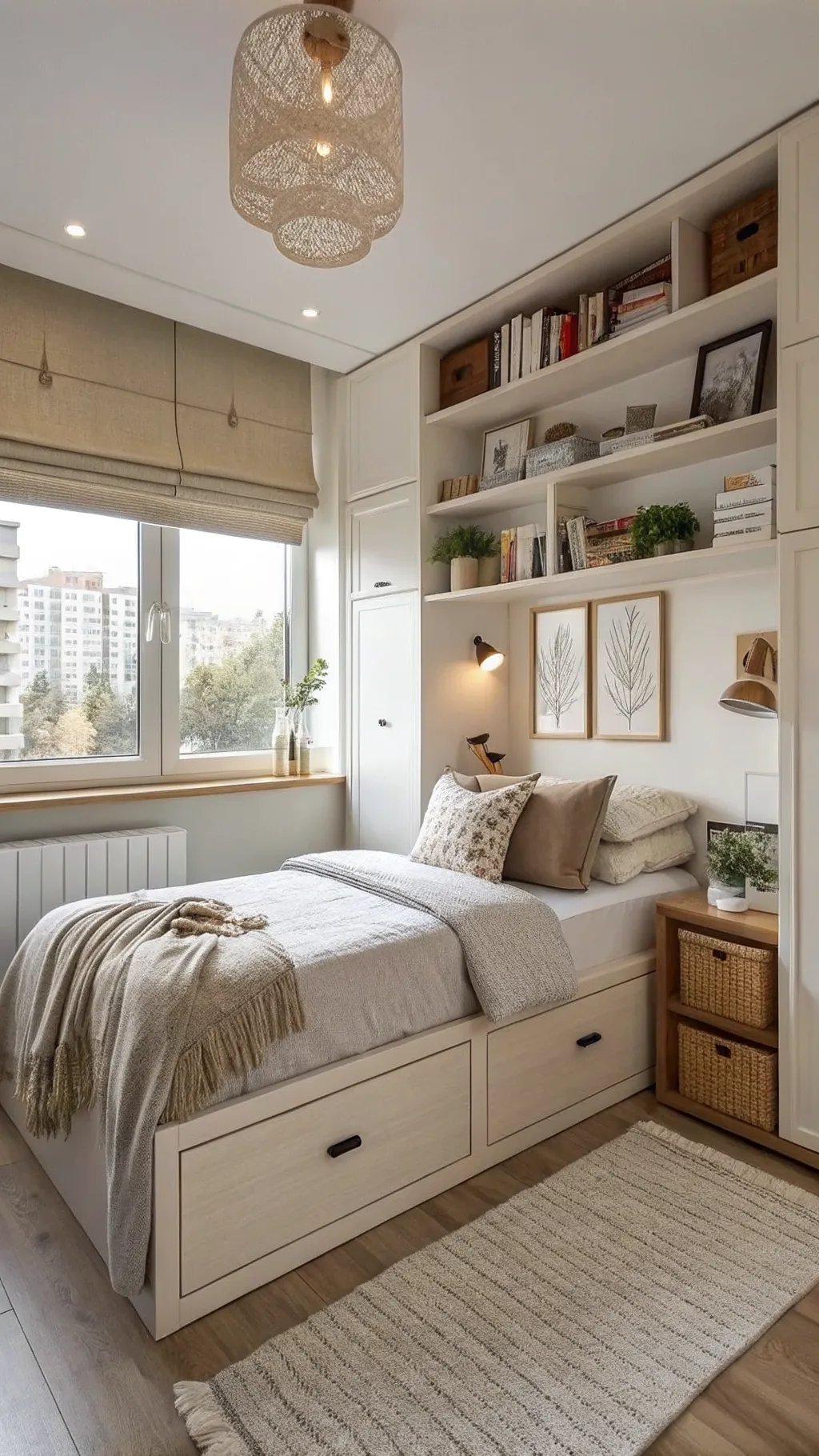 Stylish small bedroom with built-in storage, wall shelves, and warm lighting.