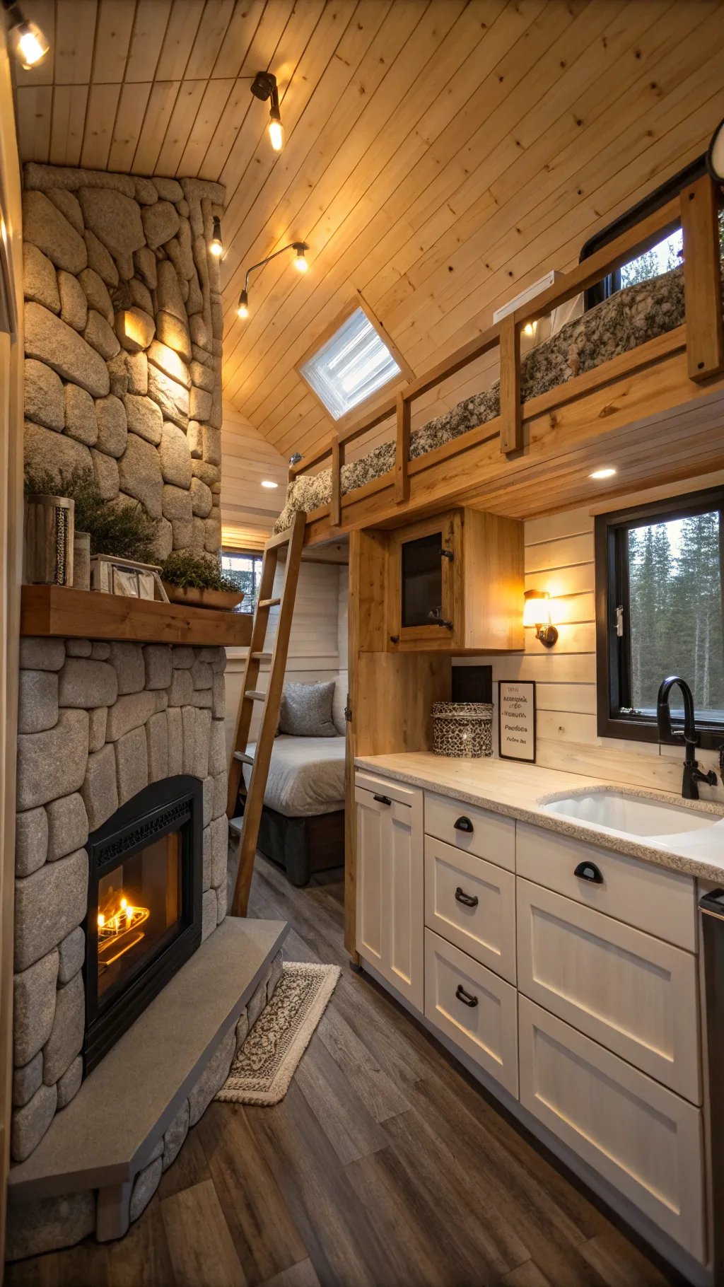 Interior of a small cabin featuring a stone fireplace, lofted bed, and modern kitchen.