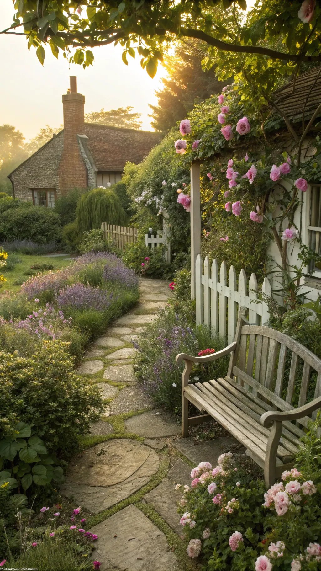 Charming cottage garden with flowers, a stone path, and a wooden bench.
