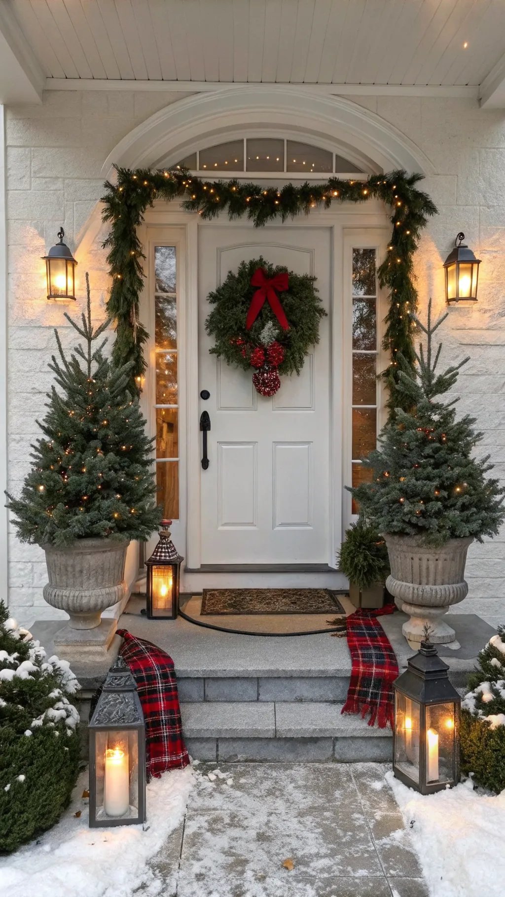 A beautifully decorated small front porch for Christmas with wreath, lights, and trees.