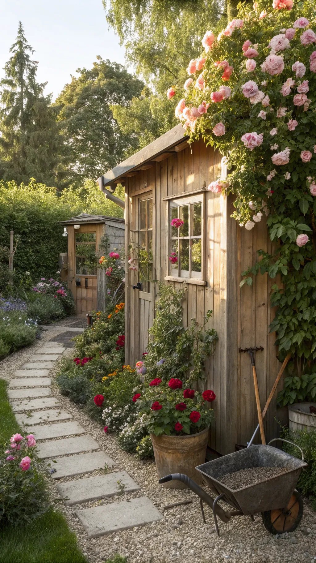 A charming small garden shed surrounded by vibrant flowers and a stone pathway.