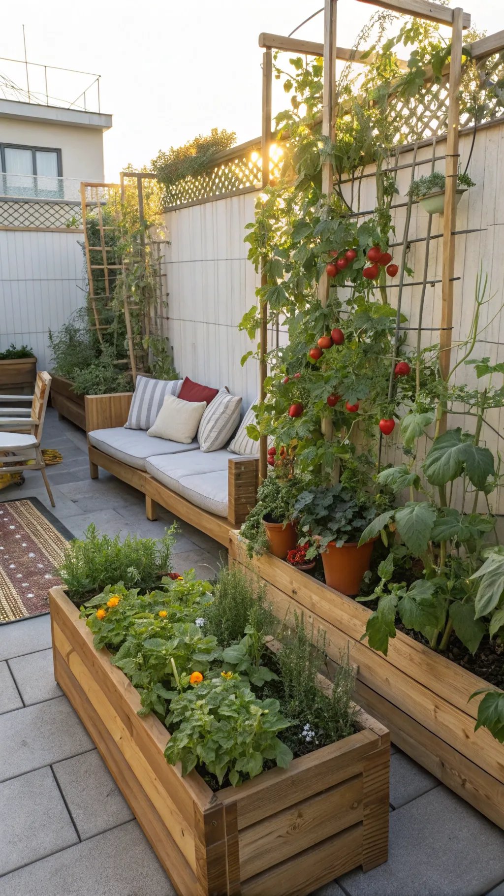Cozy outdoor space with wooden raised beds filled with vegetables and comfortable seating.