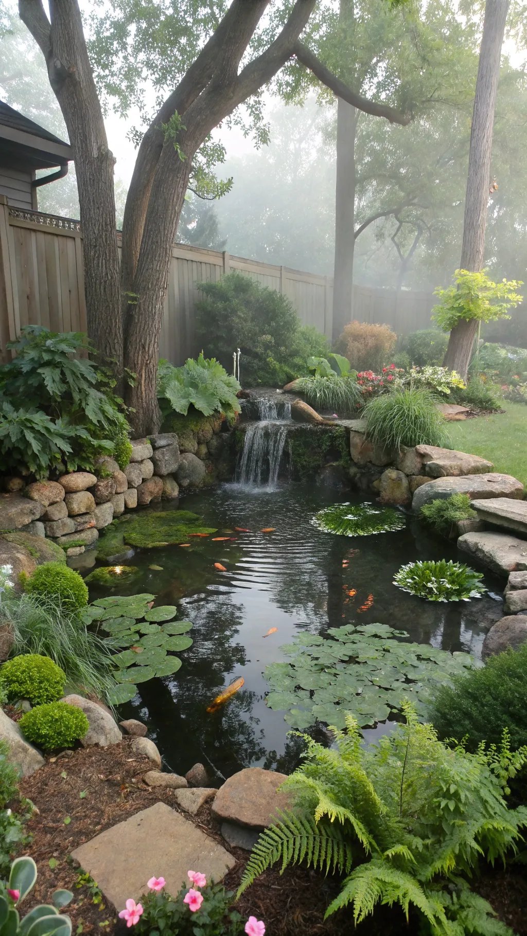 A serene backyard scene featuring a small pond with a waterfall surrounded by lush greenery and colorful flower beds.
