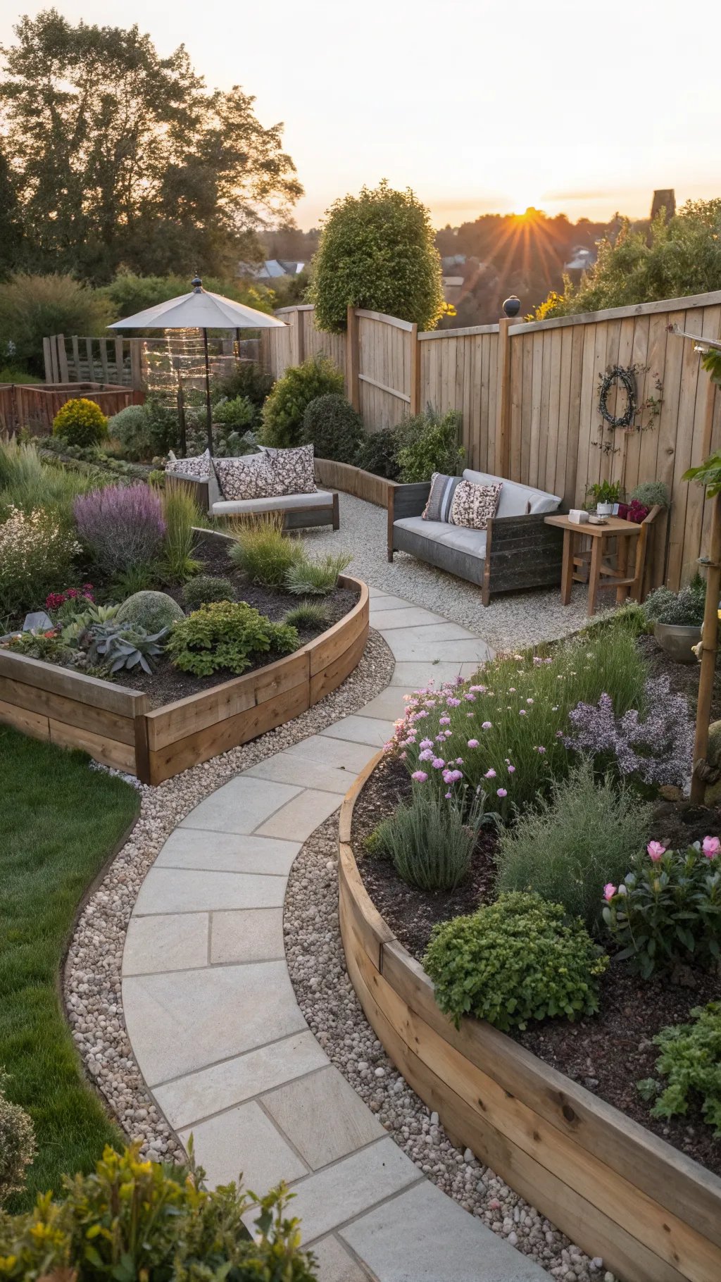A beautifully arranged backyard garden with a curved pathway, seating area, and a sunset view.