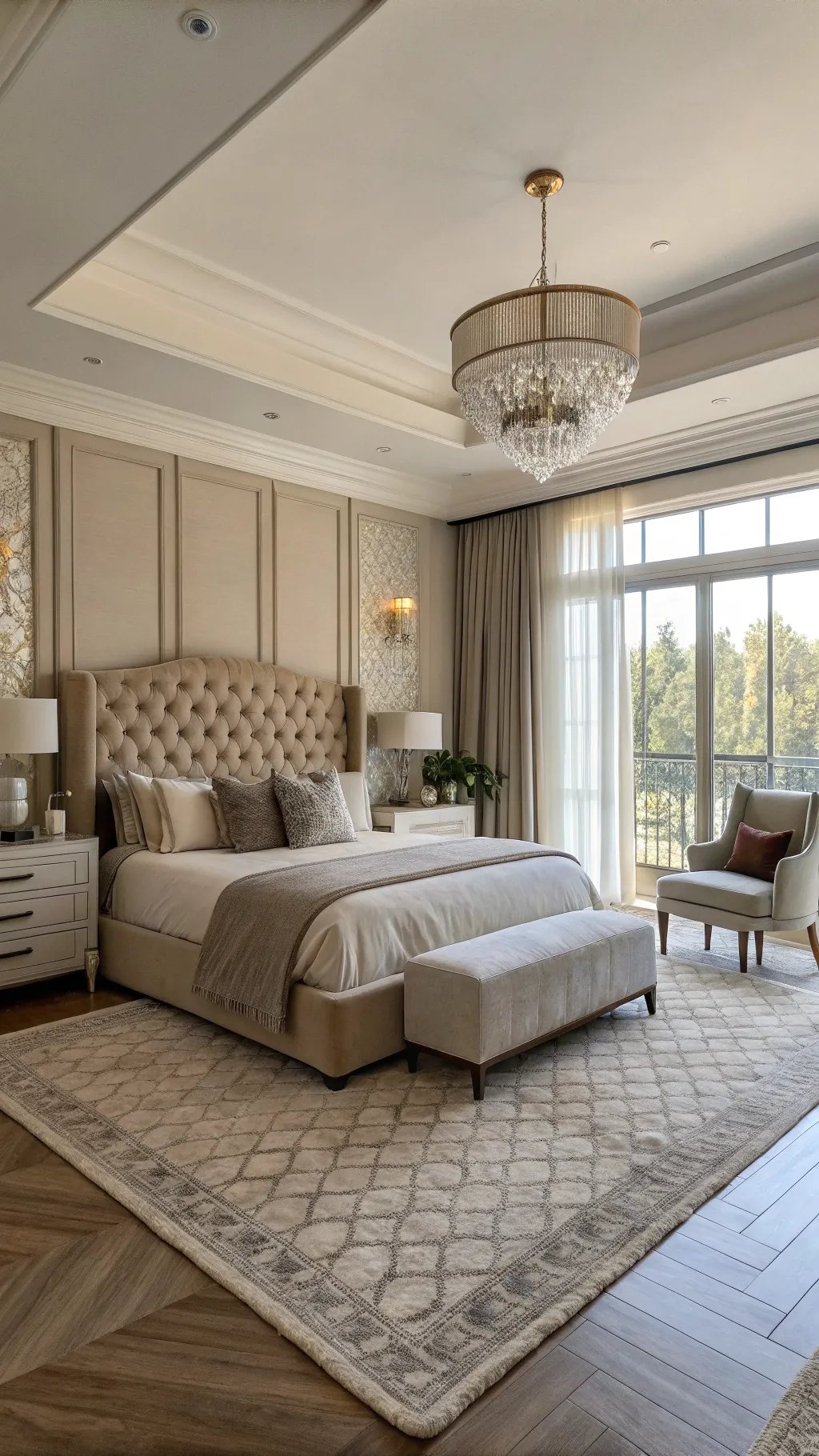 A beautifully designed bedroom featuring a tufted headboard bed, elegant decor, and natural light from large windows.