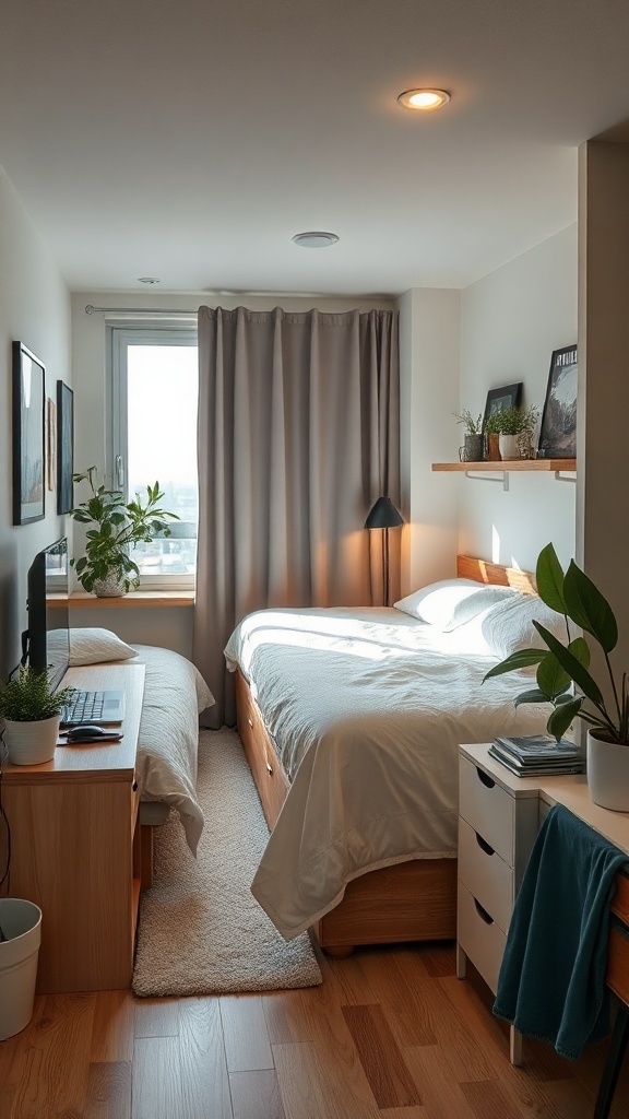 A stylish and cozy university dorm room with a bed, desk, plants, and natural light.