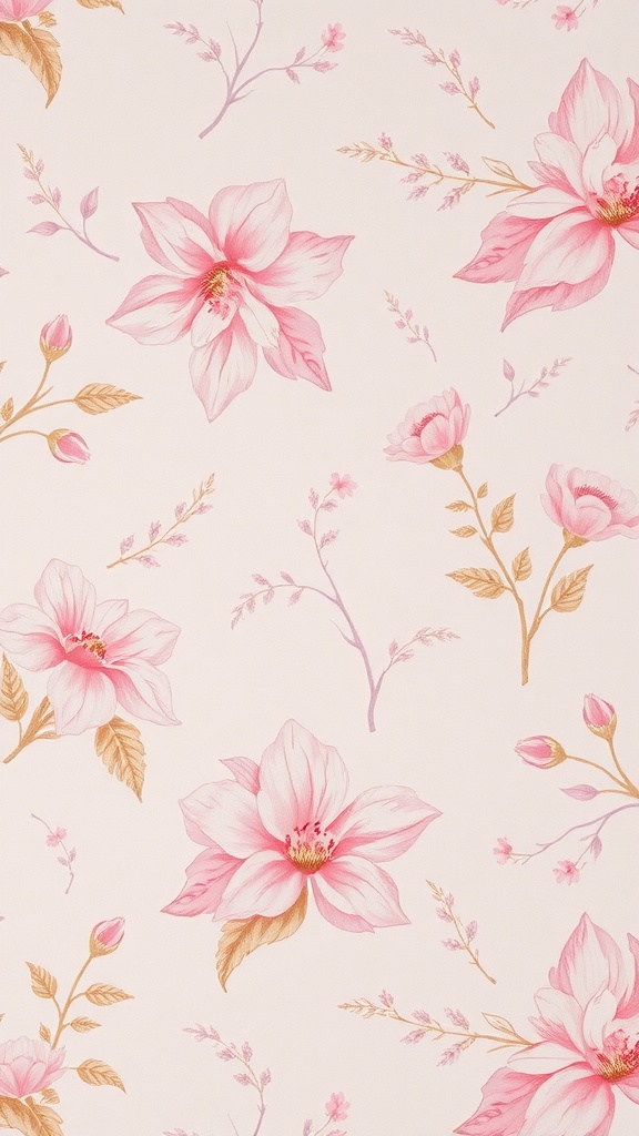 Light pink wallpaper with floral patterns in shades of pink and gold.