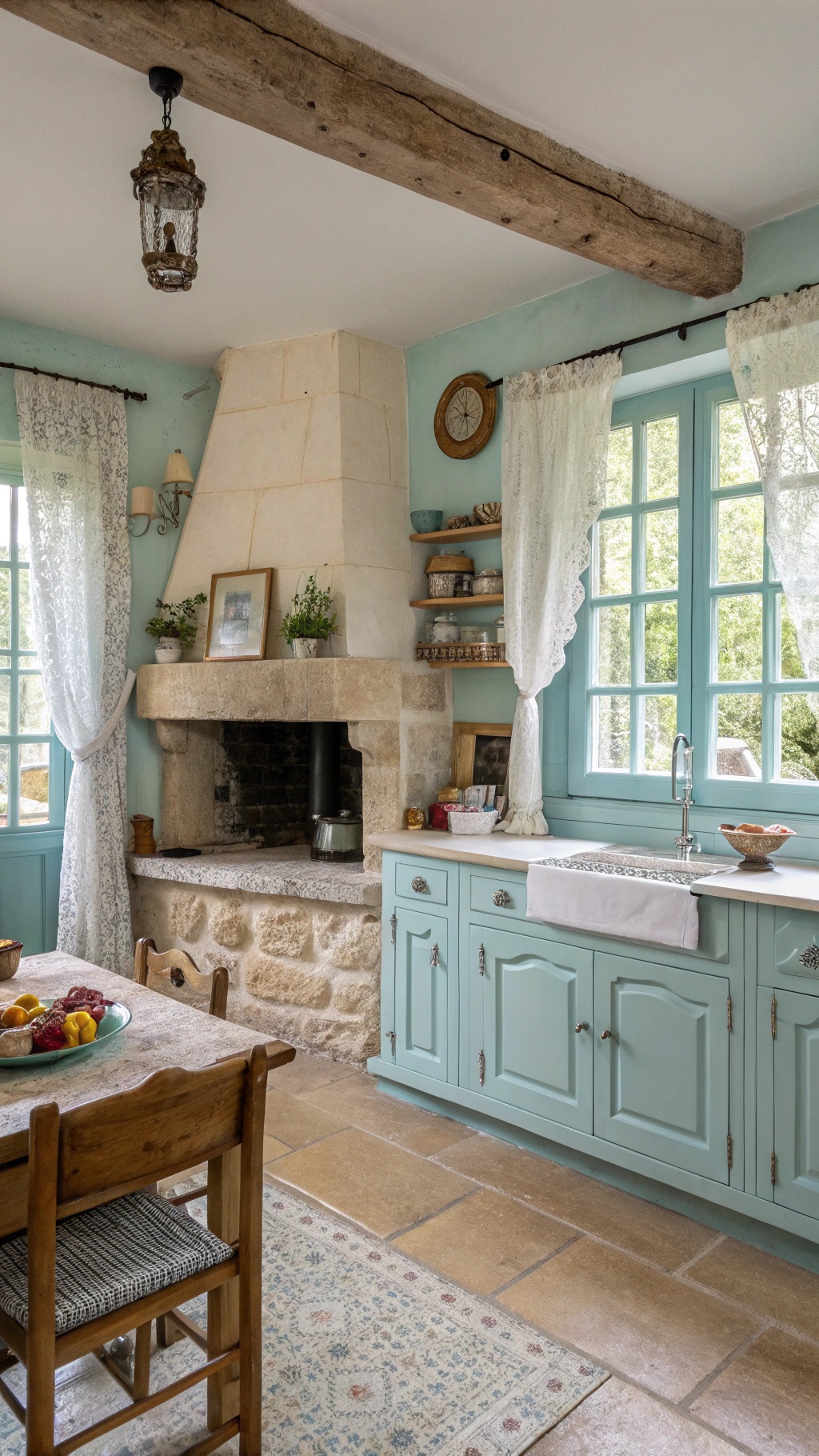 Creating Your Dream French Cottage Kitchen: A Comprehensive Guide A cozy French cottage kitchen featuring light blue cabinets, a stone fireplace, and lace curtains.