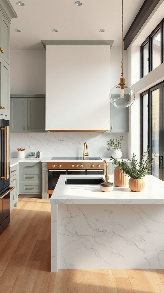 A modern kitchen featuring soft pewter green cabinets and marble countertops.