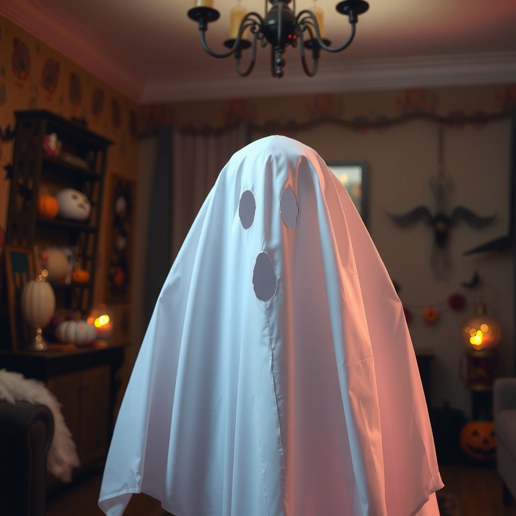 50 Spooktacular Halloween Costumes for Every Theme and Style A classic ghost costume made from a white sheet with cut-out eyes, set in a decorated room for Halloween.