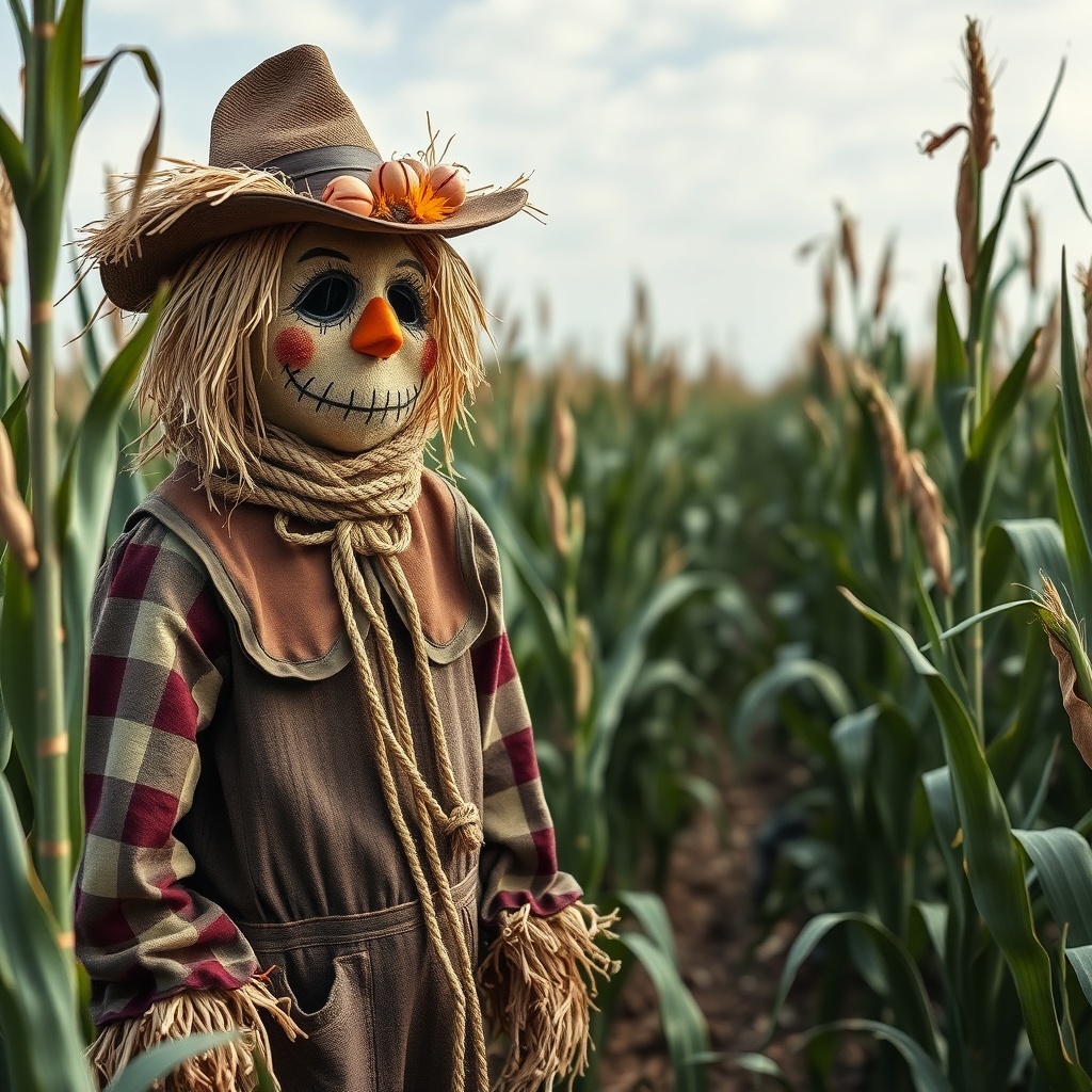 50 Spooktacular Halloween Costumes for Every Theme and Style A scarecrow standing in a cornfield, wearing a hat and plaid shirt, with a friendly yet spooky expression.