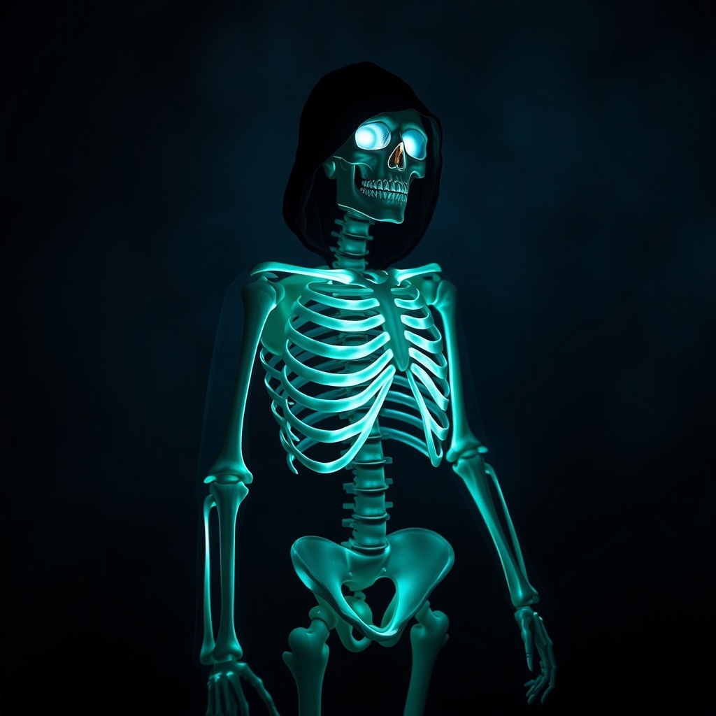 50 Spooktacular Halloween Costumes for Every Theme and Style A glowing skeleton wearing a hood against a dark background. Halloween Costumes