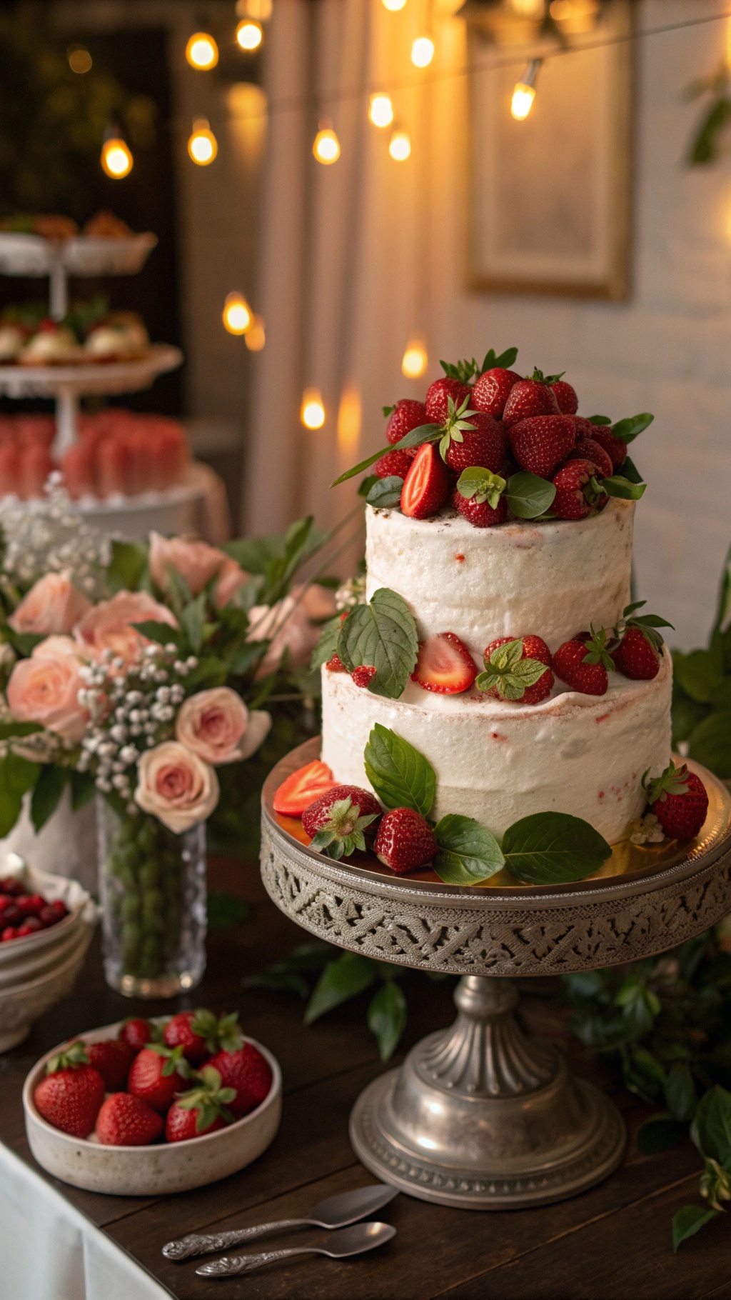 A beautifully decorated Strawberry Basil Wedding Cake topped with fresh strawberries and basil leaves.